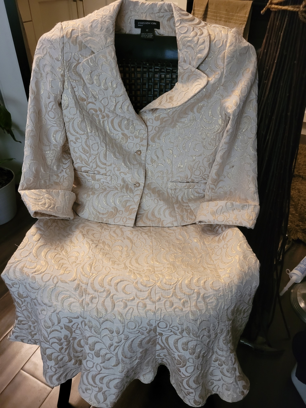 Jones New York Cream and Gold Brocade Skirt Suit